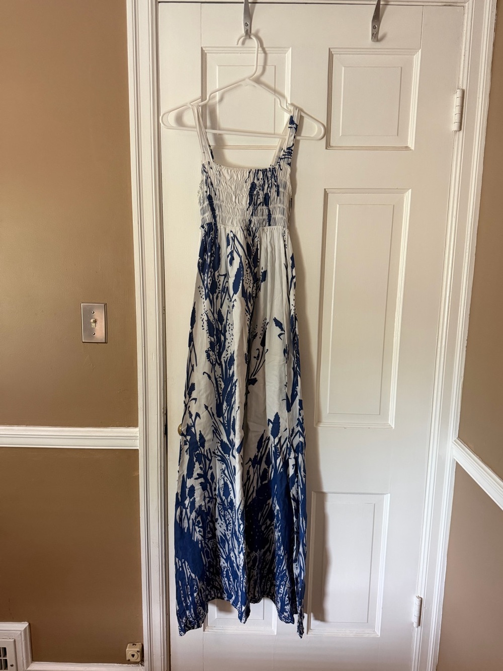 Small Blue White Botanical Smocked Maxi Dress Boho
